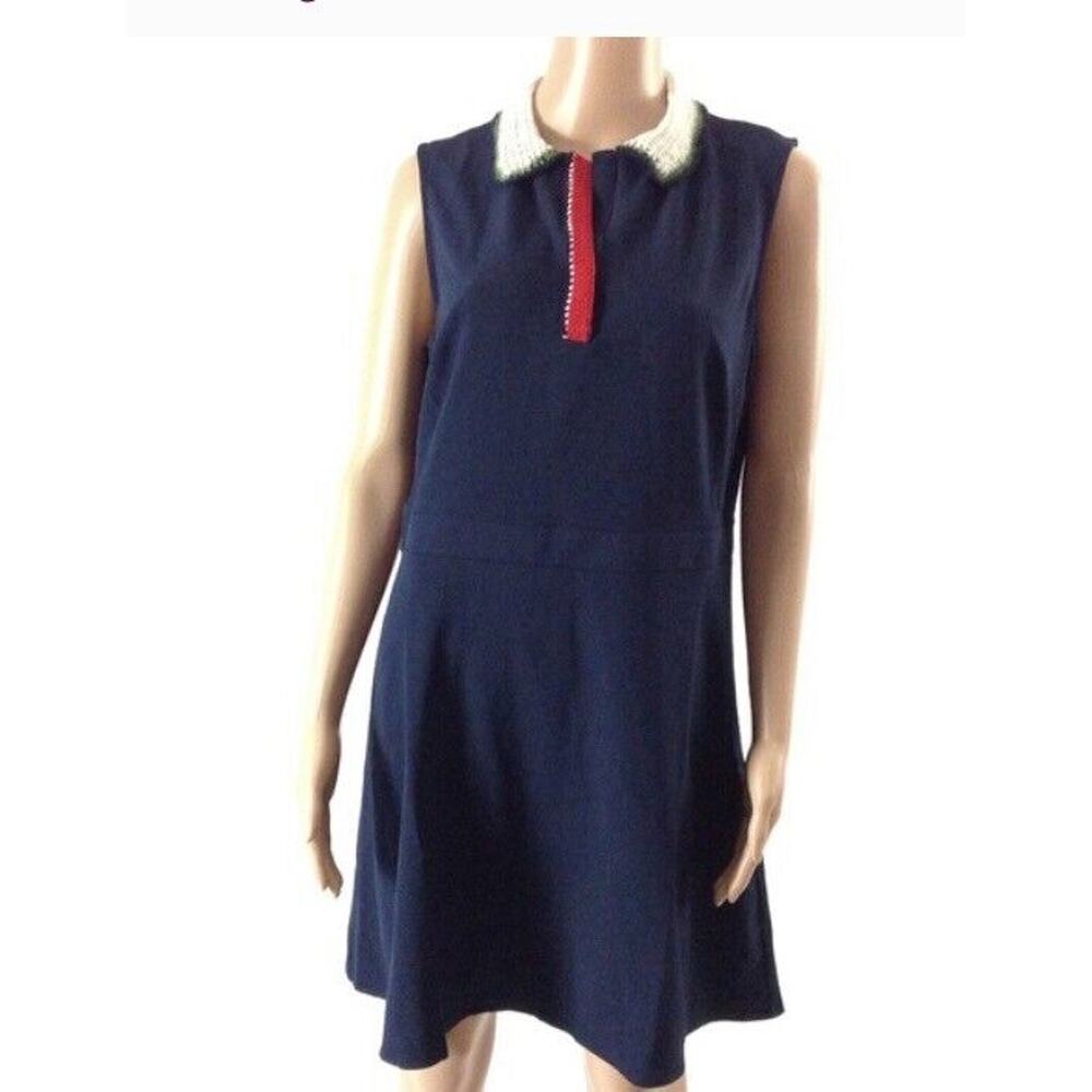 New ISANI Navy blue sleeveless a-line Dress‎ with crochet collar Large